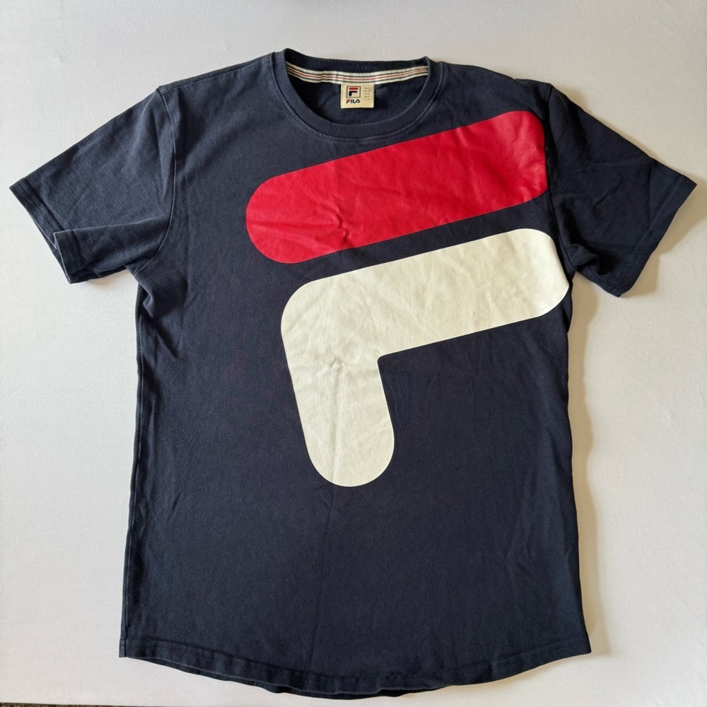 FILA Vintage-Inspired Navy Tee with Classic logo Size Small with Curved Hem